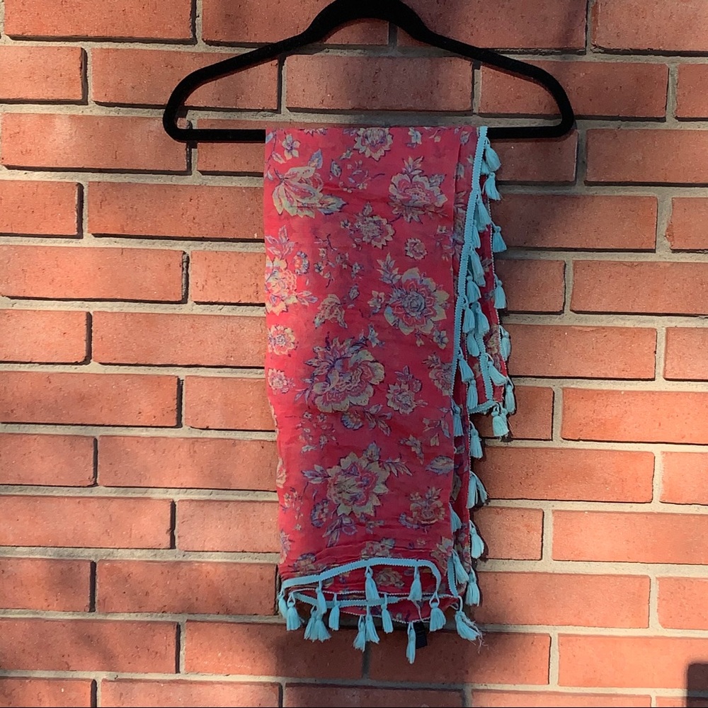 Pink floral scarf with turquoise fringe